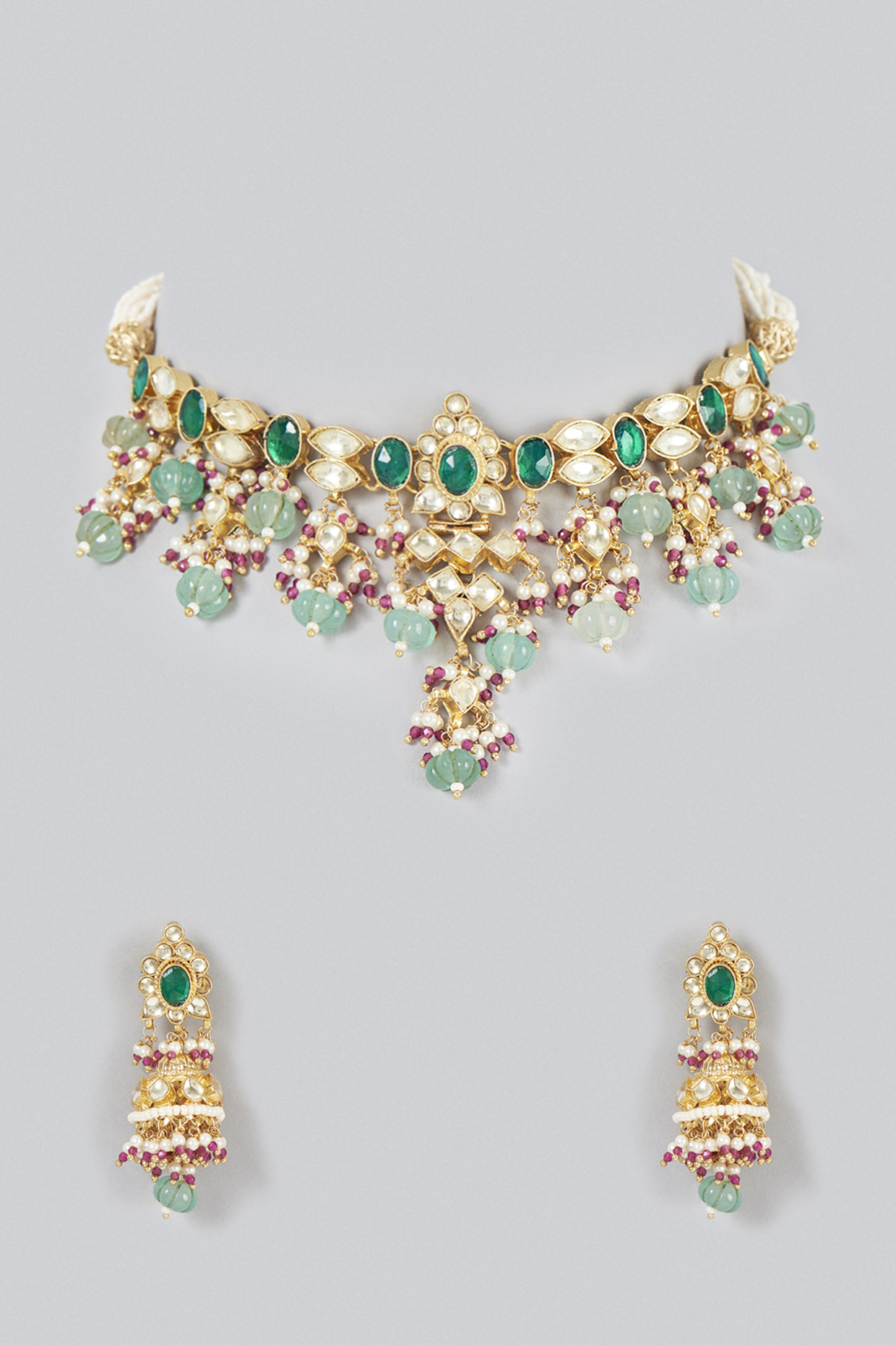 Gold Finish Kundan Polki & Green Drop Choker Necklace Set by Khushi Jewels at Pernia's Pop Up Shop