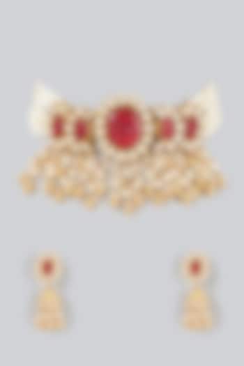 Gold Finish Kundan Polki & Golden Drop Choker Necklace Set by Khushi Jewels at Pernia's Pop Up Shop