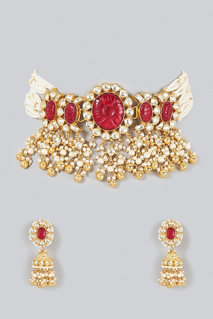 Gold Finish Kundan Polki & Golden Drop Choker Necklace Set by Khushi Jewels at Pernia's Pop Up Shop