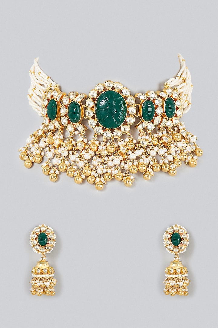 Gold Finish Golden Drop & Kundan Polki Choker Necklace Set by Khushi Jewels