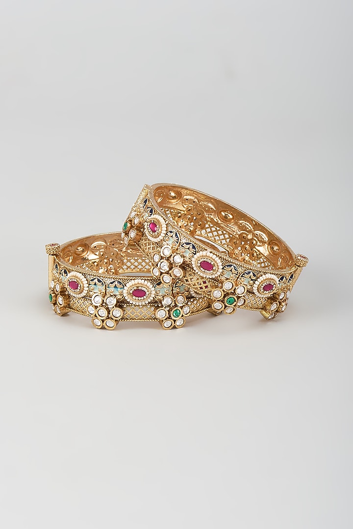 Gold Finish Kundan Polki Openable Bangles (Set Of 2) by Khushi Jewels at Pernia's Pop Up Shop