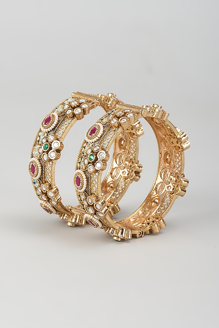 Gold Finish Kundan Polki Openable Bangles (Set Of 2) by Khushi Jewels at Pernia's Pop Up Shop