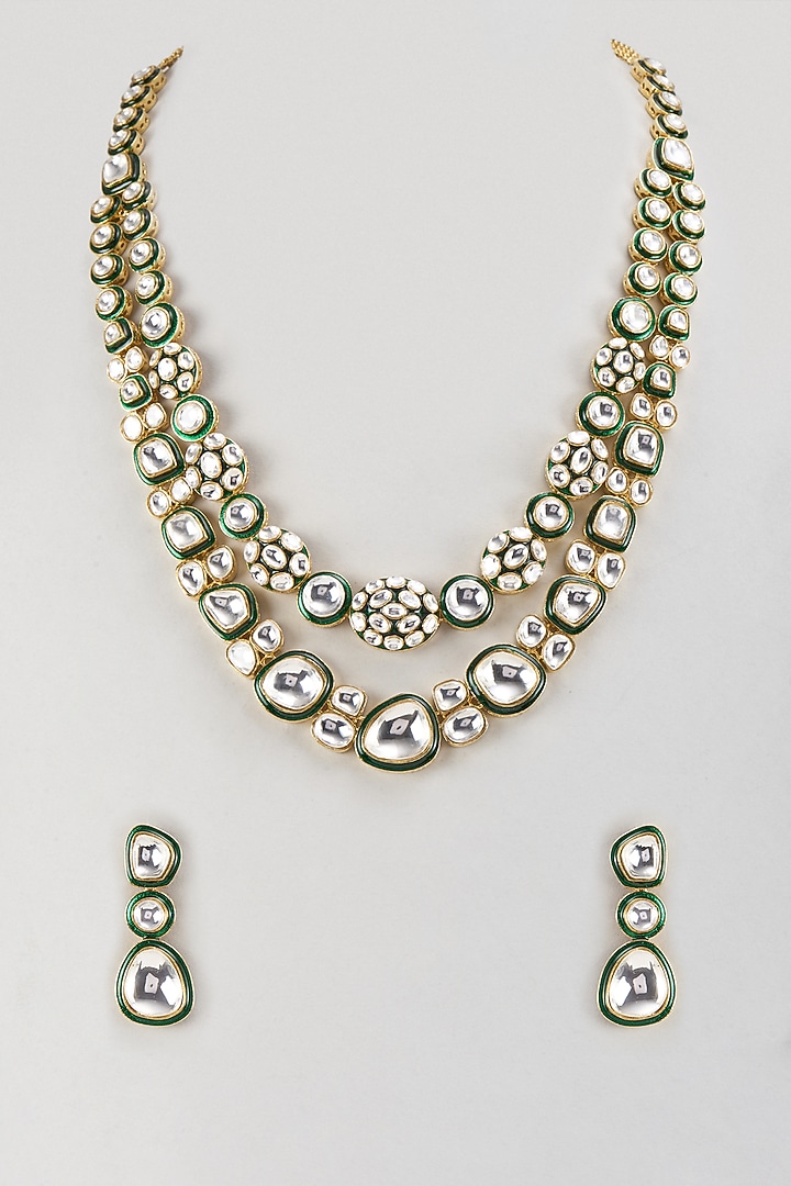 Gold Finish Kundan Polki Green Meenakari Long Necklace Set by Khushi Jewels at Pernia's Pop Up Shop