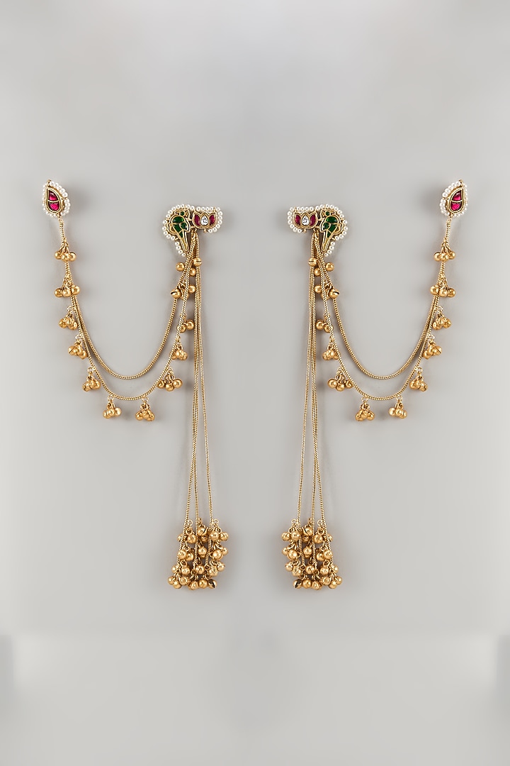 Gold Finish Temple Dangler Earrings With Kaan Chain by Khushi Jewels at Pernia's Pop Up Shop