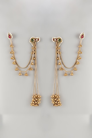 Gold Finish Temple Dangler Earrings With Kaan Chain by Khushi Jewels