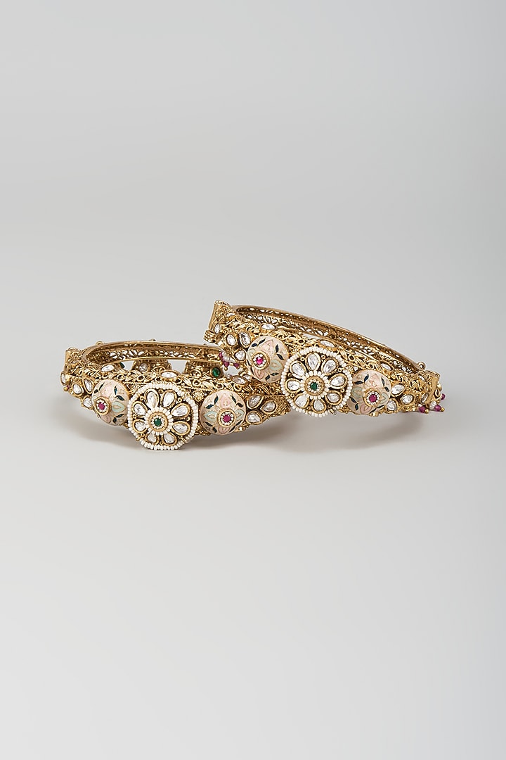 Gold Finish Kundan Polki Openable Bangles (Set Of 2) by Khushi Jewels at Pernia's Pop Up Shop