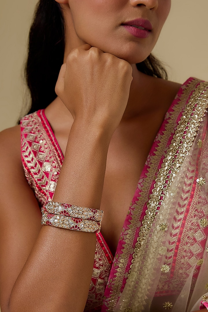 Rose Gold Finish Kundan Polki & Red Stone Openable Bangles (Set Of 2) by Khushi Jewels at Pernia's Pop Up Shop