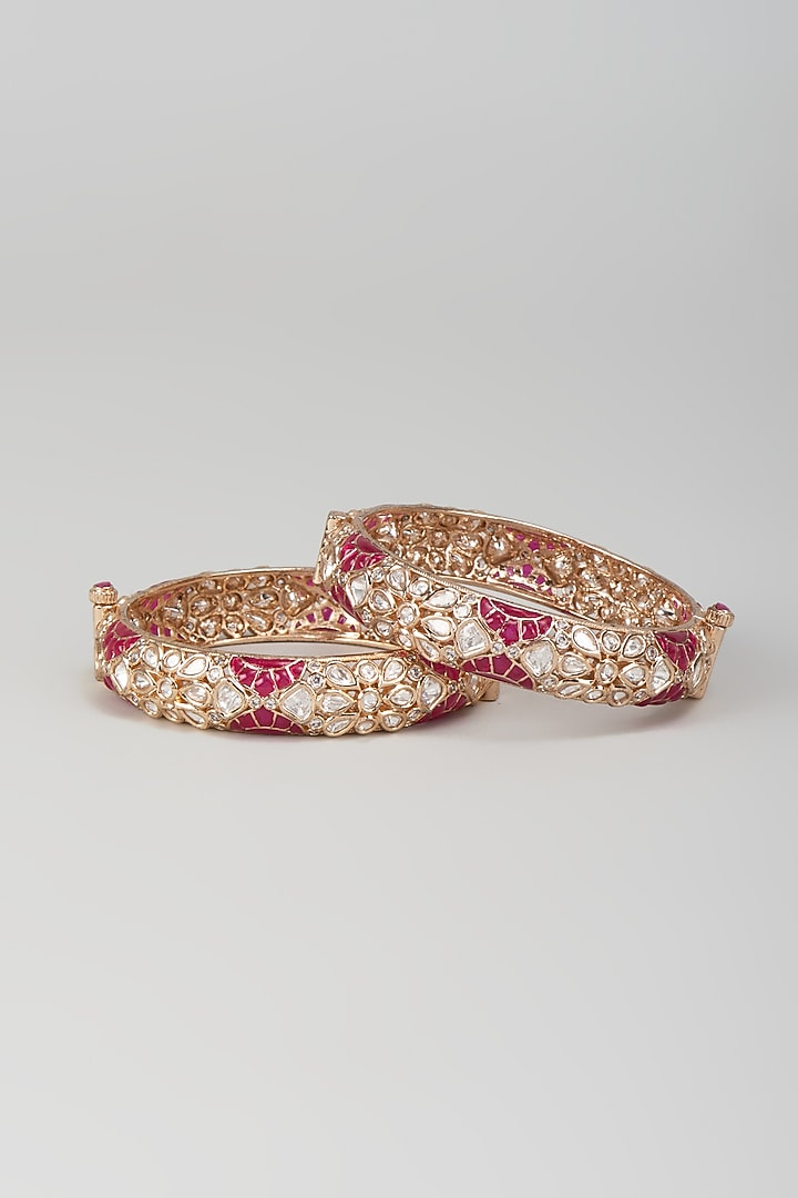 Rose Gold Finish Kundan Polki & Red Stone Openable Bangles (Set Of 2) by Khushi Jewels at Pernia's Pop Up Shop
