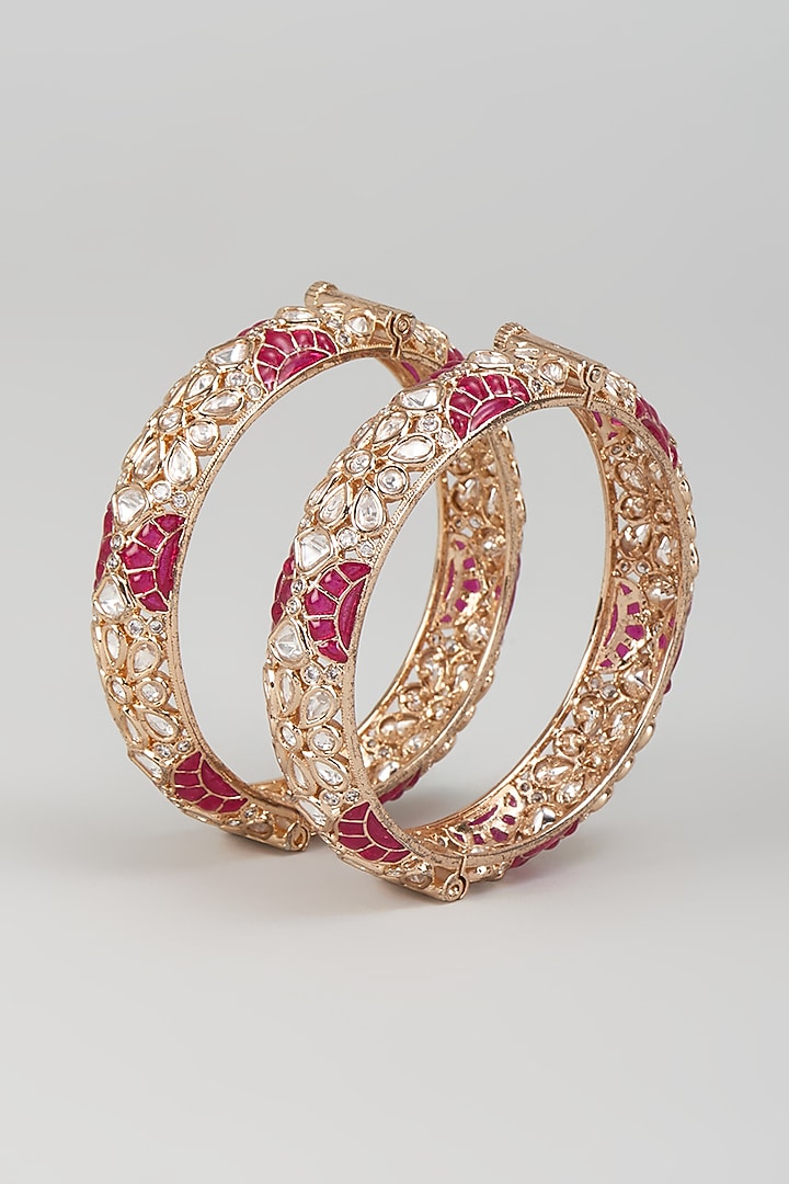 Rose Gold Finish Kundan Polki & Red Stone Openable Bangles (Set Of 2) by Khushi Jewels at Pernia's Pop Up Shop
