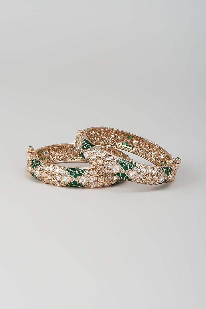 Rose Gold Finish Kundan Polki & Green Stone Openable Bangles (Set Of 2) by Khushi Jewels at Pernia's Pop Up Shop