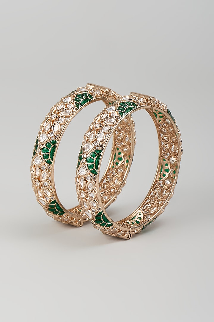 Rose Gold Finish Kundan Polki & Green Stone Openable Bangles (Set Of 2) by Khushi Jewels at Pernia's Pop Up Shop