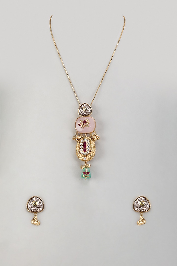 Gold Finish Kundan Polki & Pink Stone Mala Set by Khushi Jewels at Pernia's Pop Up Shop