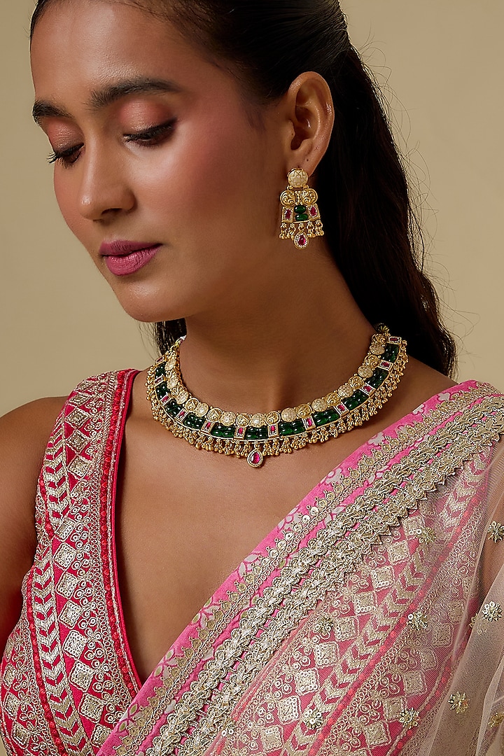 Gold Finish Beaded Green Meenakari Necklace Set by Khushi Jewels at Pernia's Pop Up Shop