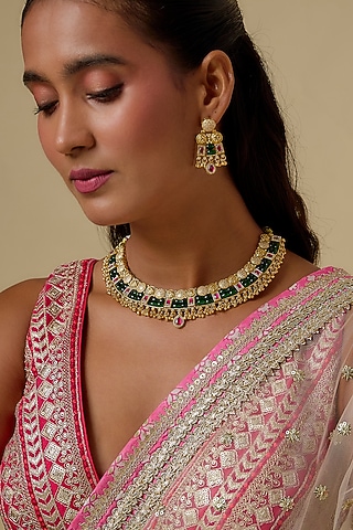 Gold Finish Beaded Green Meenakari Necklace Set by Khushi Jewels