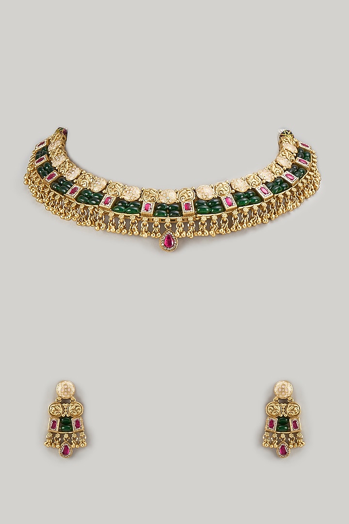 Gold Finish Beaded Green Meenakari Necklace Set by Khushi Jewels at Pernia's Pop Up Shop