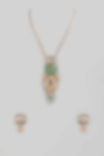 Gold Finish Kundan Polki & Green Stone Mala Set by Khushi Jewels at Pernia's Pop Up Shop