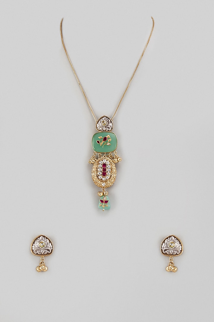 Gold Finish Kundan Polki & Green Stone Mala Set by Khushi Jewels at Pernia's Pop Up Shop