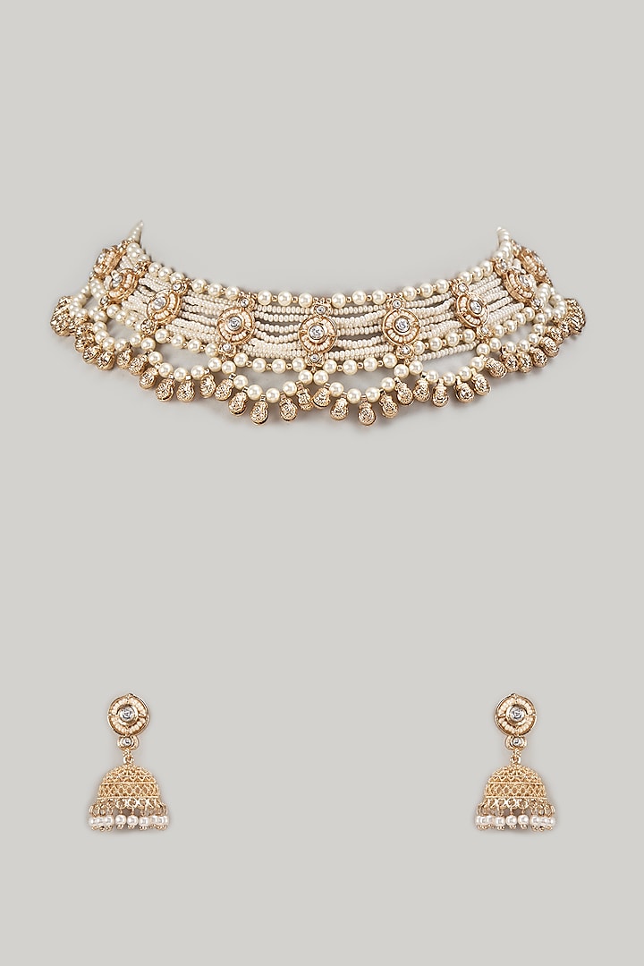 Gold Finish Kundan Polki & Pearl Choker Necklace Set by Khushi Jewels at Pernia's Pop Up Shop