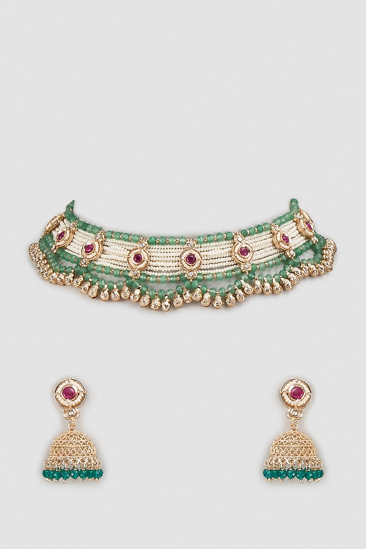 Gold Finish Kundan Polki & Green Pearl Choker Necklace Set by Khushi Jewels at Pernia's Pop Up Shop