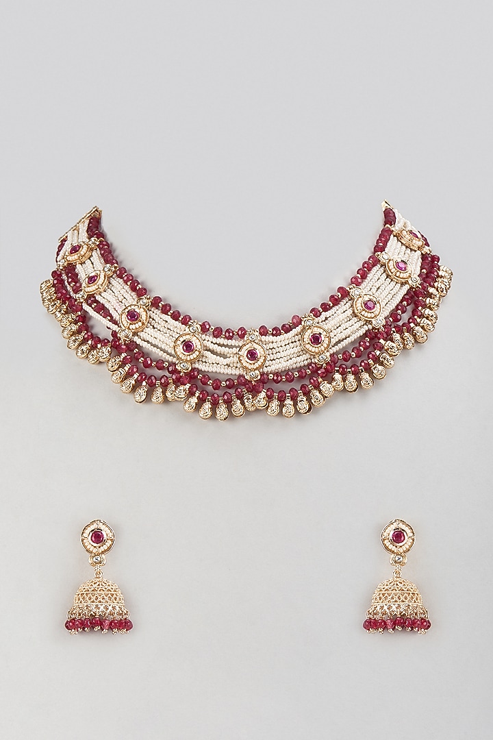 Gold Finish Kundan Polki & Red Pearl Choker Necklace Set by Khushi Jewels at Pernia's Pop Up Shop