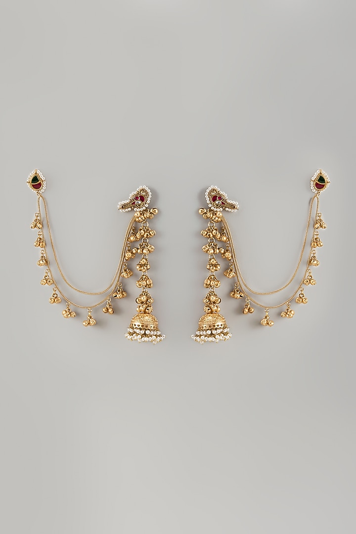 Gold Finish Temple Dangler Earrings With Kaan Chain by Khushi Jewels at Pernia's Pop Up Shop