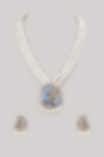 Gold Finish Pearl Sky Blue Pendant Mala Set by Khushi Jewels at Pernia's Pop Up Shop