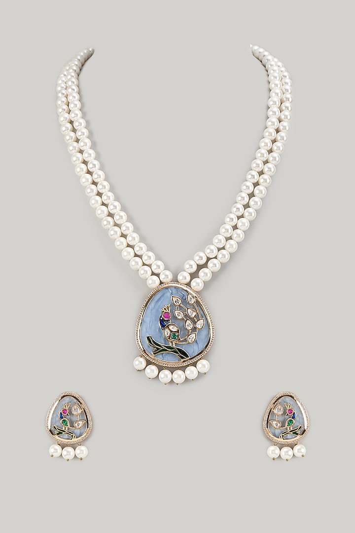 Gold Finish Pearl Sky Blue Pendant Mala Set by Khushi Jewels at Pernia's Pop Up Shop