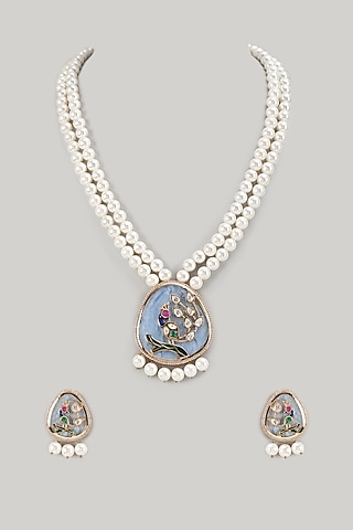 Gold Finish Pearl Sky Blue Pendant Mala Set by Khushi Jewels