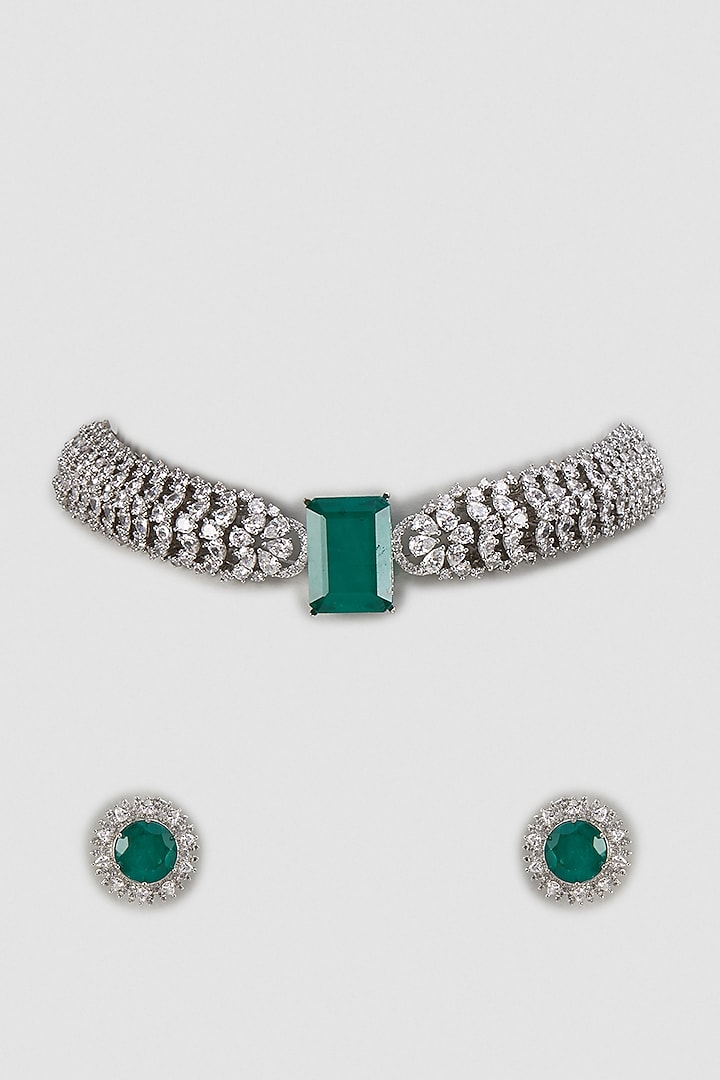 White Finish Zircon & Green Diamond Choker Necklace Set by Khushi Jewels at Pernia's Pop Up Shop