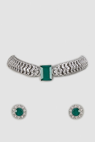 White Finish Zircon & Green Diamond Choker Necklace Set by Khushi Jewels