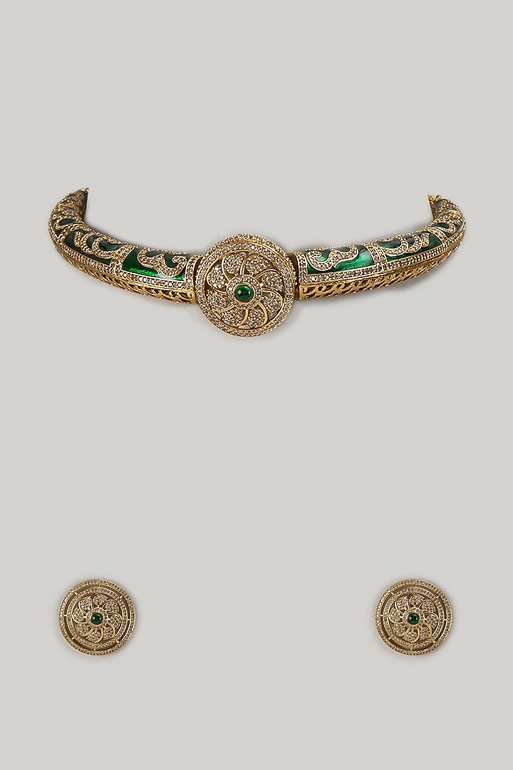 Gold Finish Zircon Green Meenakari Choker Hasli Necklace Set by Khushi Jewels at Pernia's Pop Up Shop