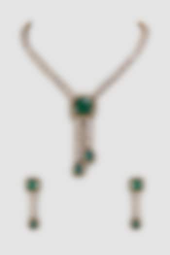 Gold Finish Kundan Polki & Green Stone Long Necklace Set by Khushi Jewels at Pernia's Pop Up Shop