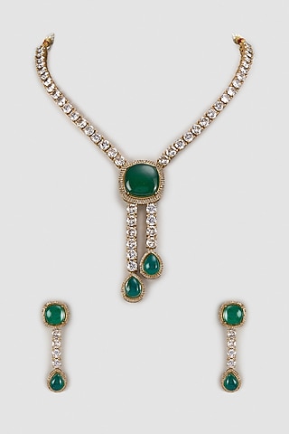 Gold Finish Kundan Polki & Green Stone Long Necklace Set by Khushi Jewels