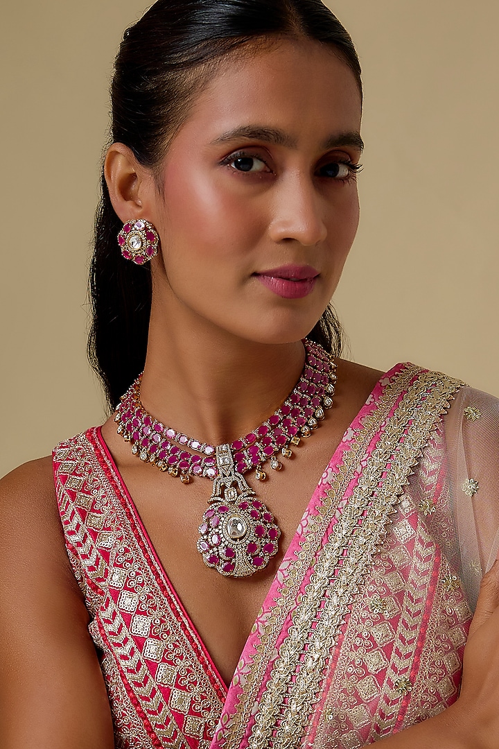 Gold Finish Kundan Polki & Red Stone Long Necklace Set by Khushi Jewels at Pernia's Pop Up Shop