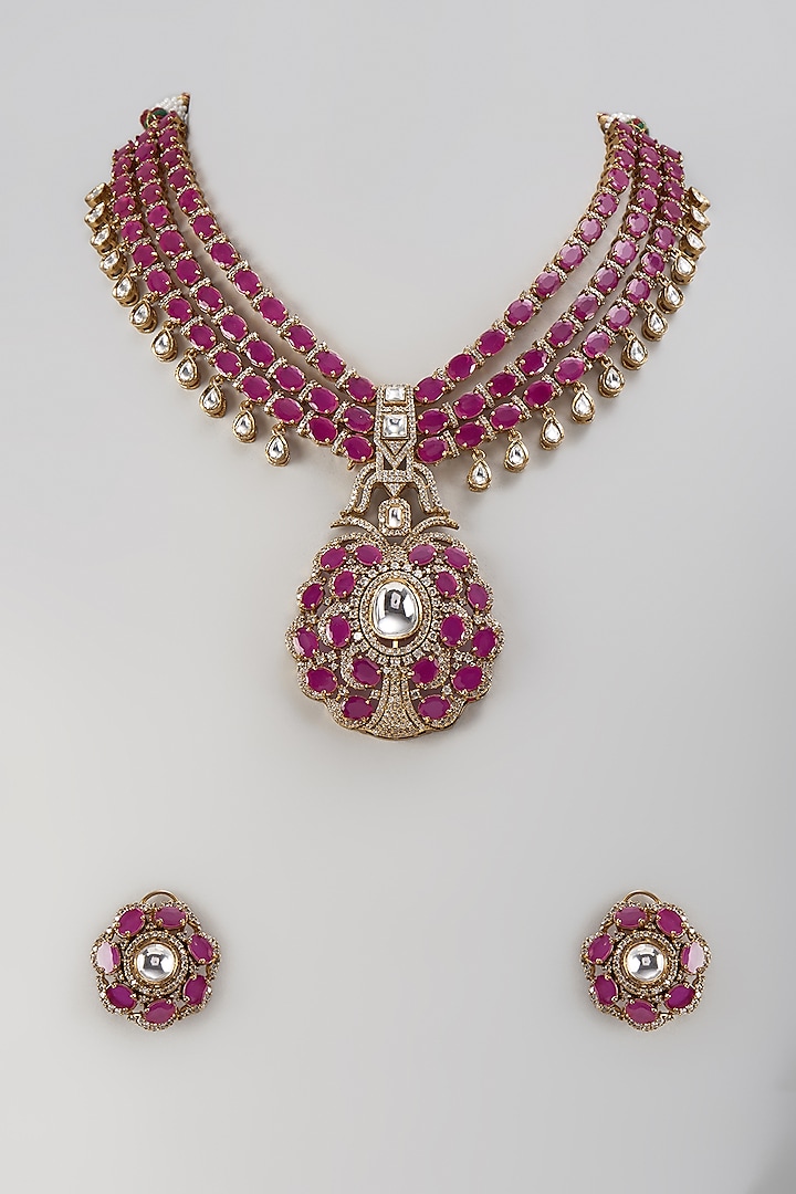 Gold Finish Kundan Polki & Red Stone Long Necklace Set by Khushi Jewels at Pernia's Pop Up Shop