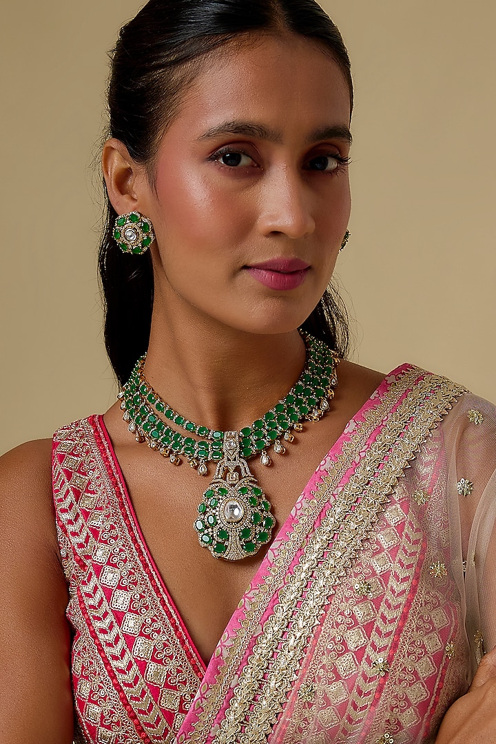 Gold Finish Kundan Polki & Green Stone Long Necklace Set by Khushi Jewels at Pernia's Pop Up Shop