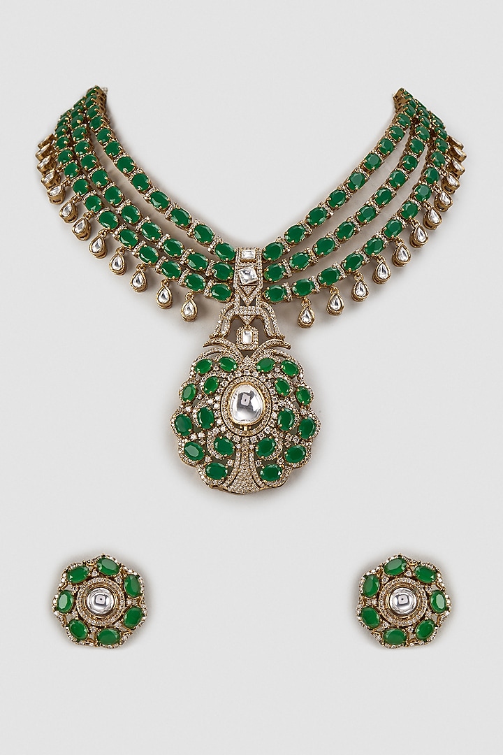 Gold Finish Kundan Polki & Green Stone Long Necklace Set by Khushi Jewels at Pernia's Pop Up Shop