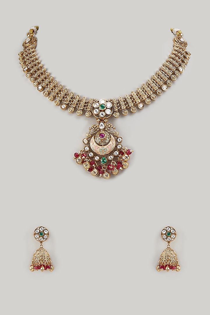 Gold Finish Kundan Polki White Meenakari Necklace Set by Khushi Jewels at Pernia's Pop Up Shop