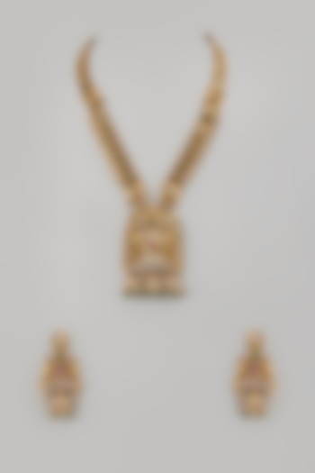 Gold Finish Kundan Polki & Pearl Long Temple Necklace Set by Khushi Jewels at Pernia's Pop Up Shop