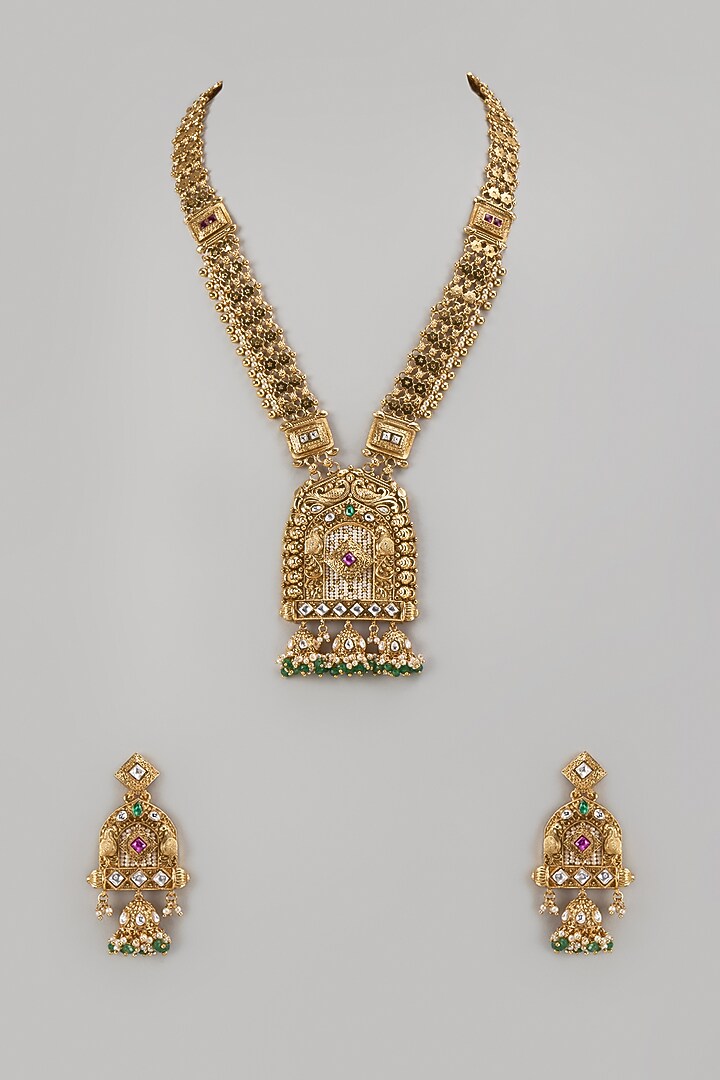 Gold Finish Kundan Polki & Pearl Long Temple Necklace Set by Khushi Jewels at Pernia's Pop Up Shop