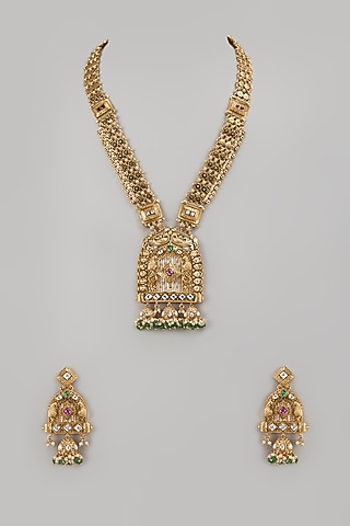 Gold Finish Kundan Polki & Pearl Long Temple Necklace Set by Khushi Jewels