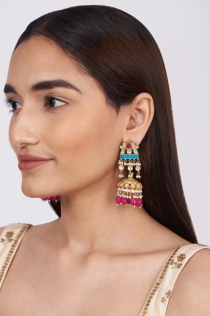 Gold Finish Kundan Polki Earrings by Khushi Jewels at Pernia's Pop Up Shop