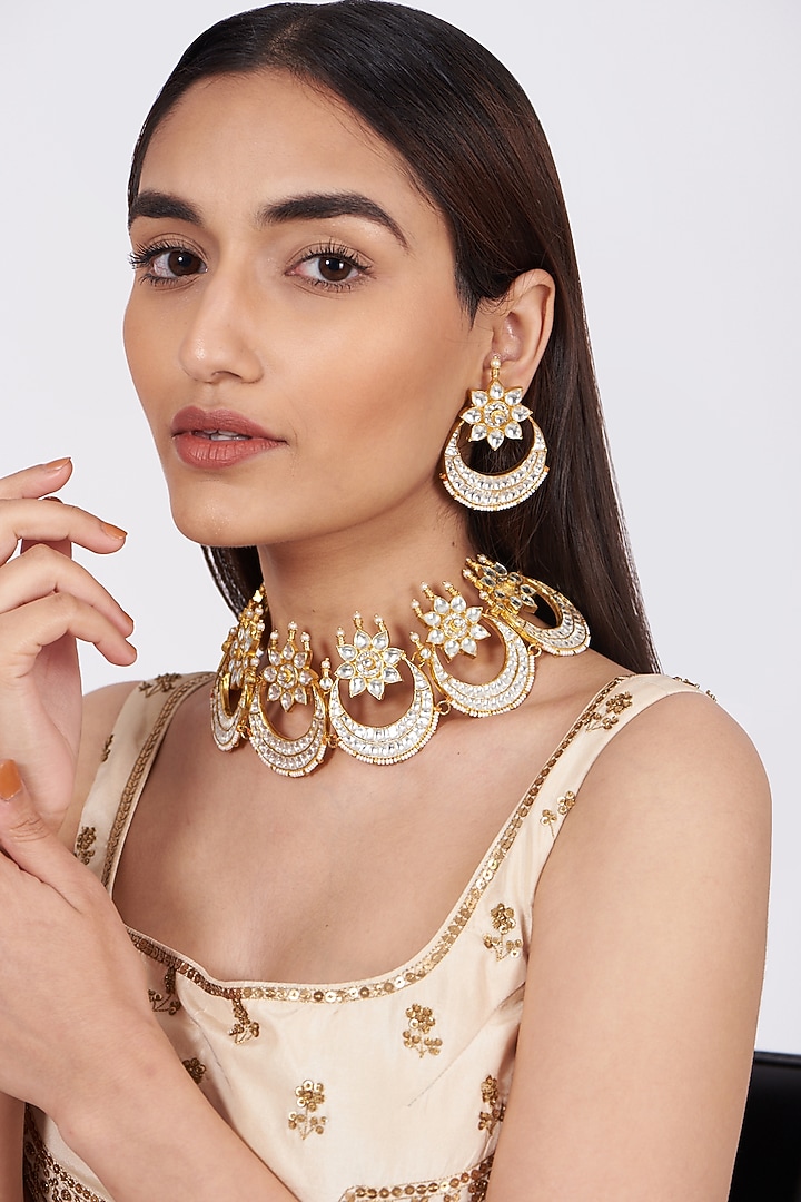 Gold Finish Kundan Polki Choker Necklace Set by Khushi Jewels at Pernia's Pop Up Shop