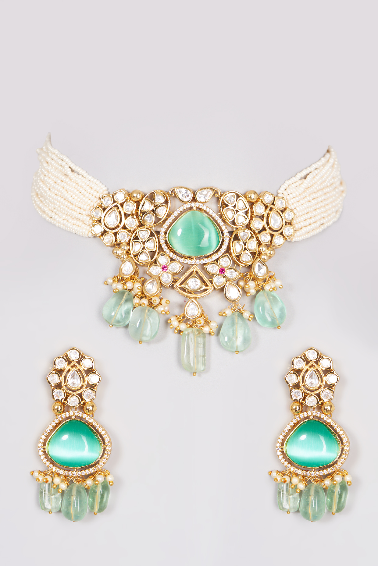 Gold Finish Kundan Polki & Pearl Necklace Set by Khushi Jewels