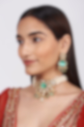 Gold Finish Kundan Polki & Pearl Necklace Set by Khushi Jewels