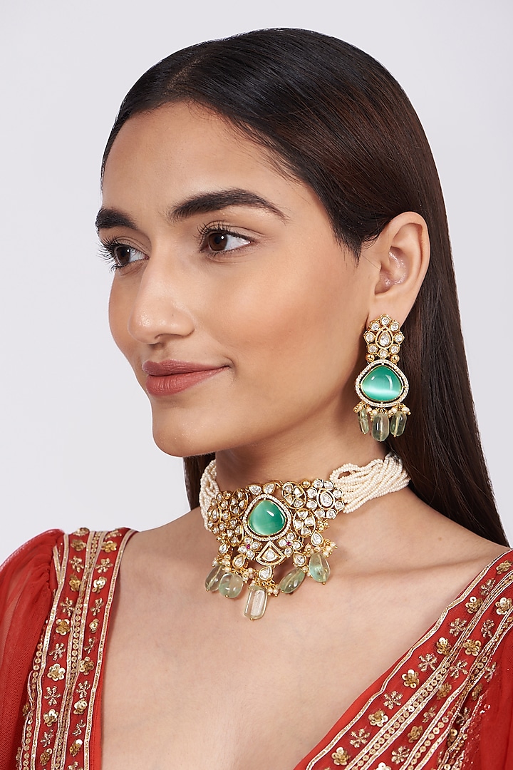 Gold Finish Kundan Polki & Pearl Necklace Set by Khushi Jewels