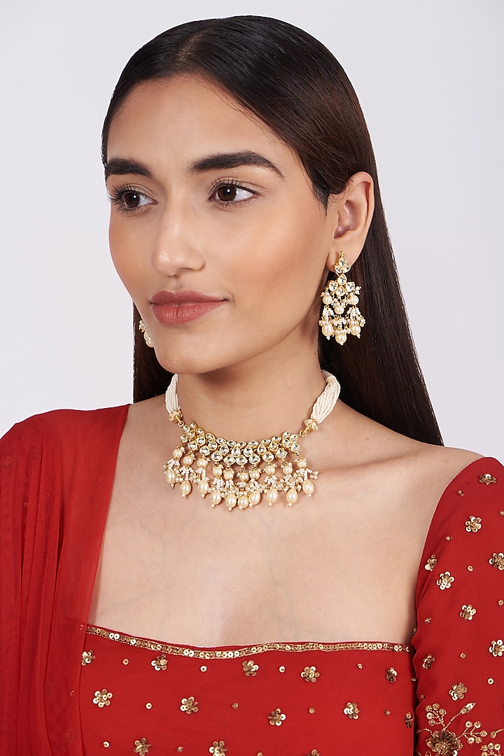 Gold Finish Choker Necklace Set With Kundan Polki by Khushi Jewels