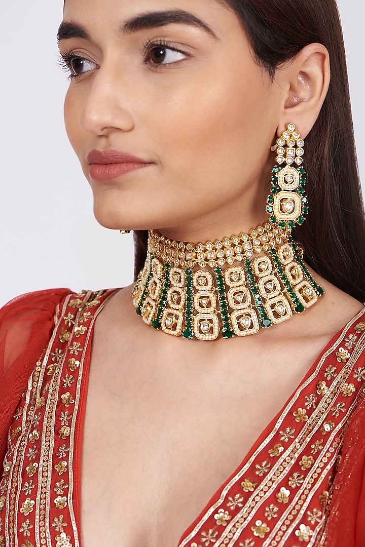 Gold Finish Green Stone Necklace Set by Khushi Jewels