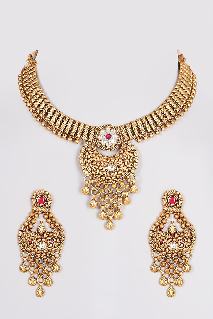 Gold Finish Kundan Polki Necklace Set by Khushi Jewels at Pernia's Pop Up Shop