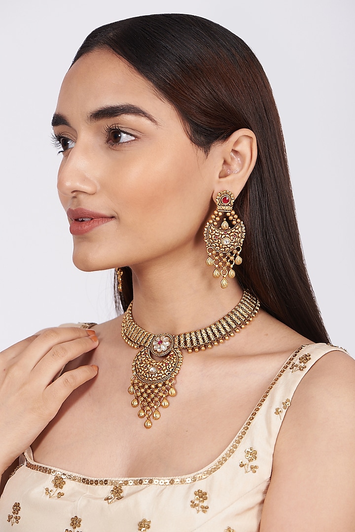 Gold Finish Kundan Polki Necklace Set by Khushi Jewels